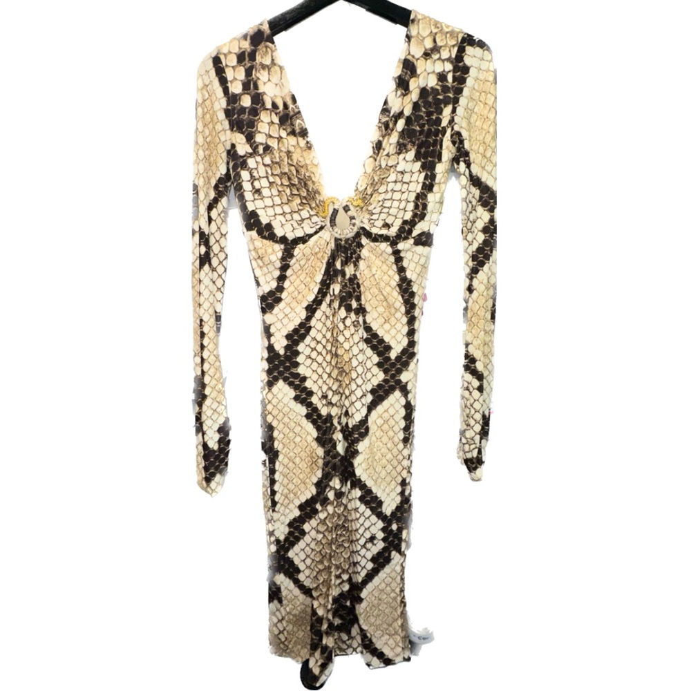 Roberto Cavalli Earthtone Snake Print Jersey Long Sleeve Dress